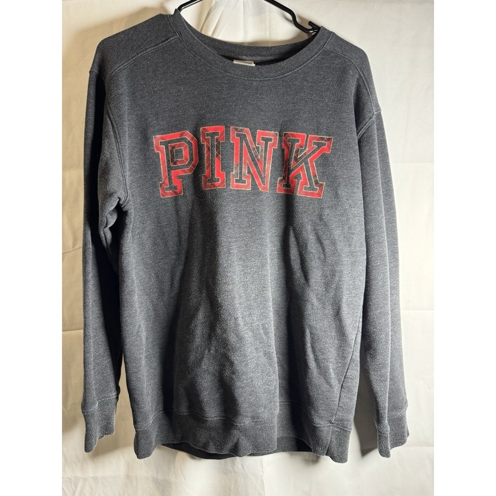 Victorias‎ Secret PINK Sweatshirt Womens Small Gray Plaid Logo Crewneck Pullover